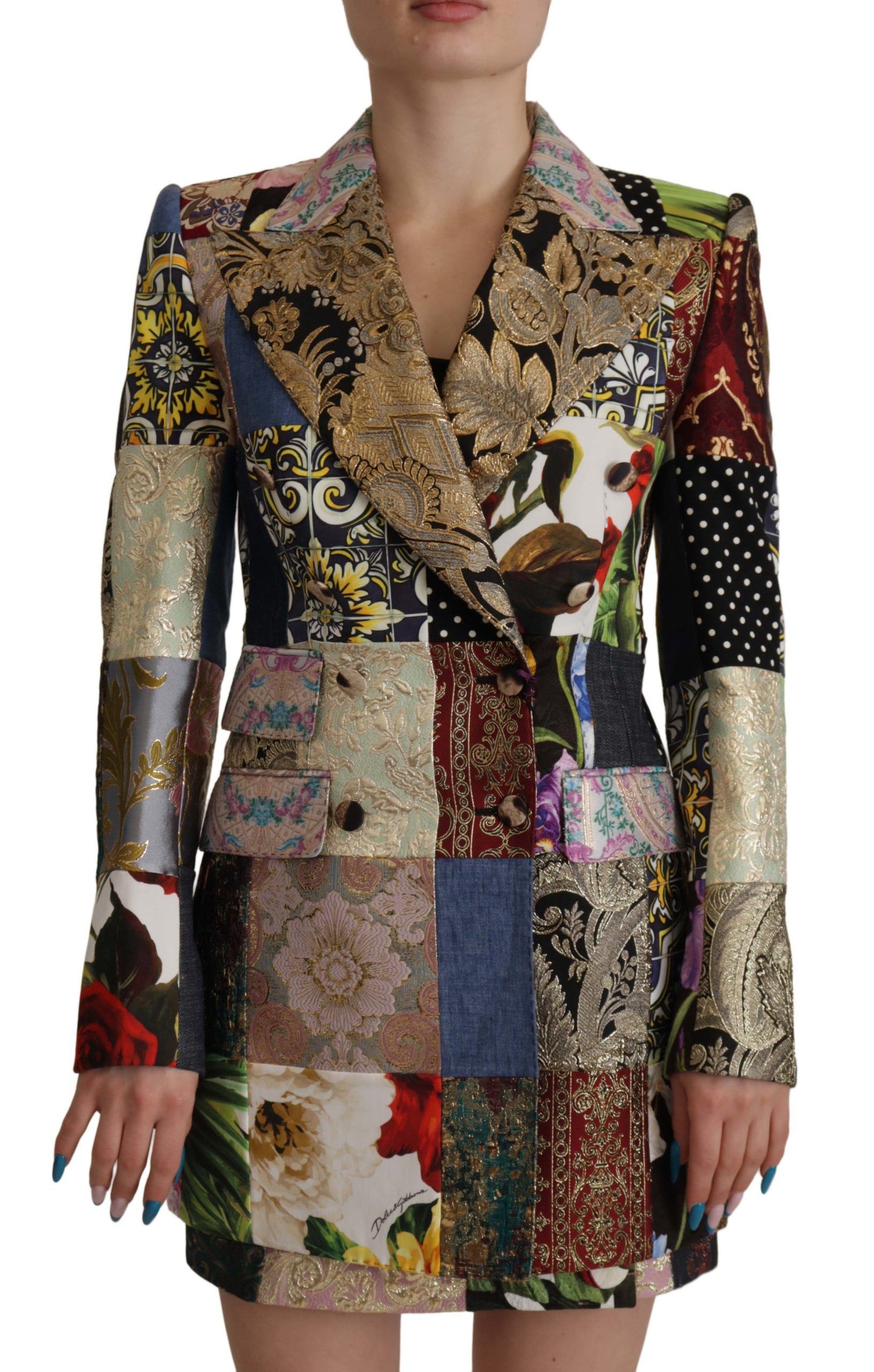 Multicolor Double-Breasted Patchwork Jacquard Blazer Jacket