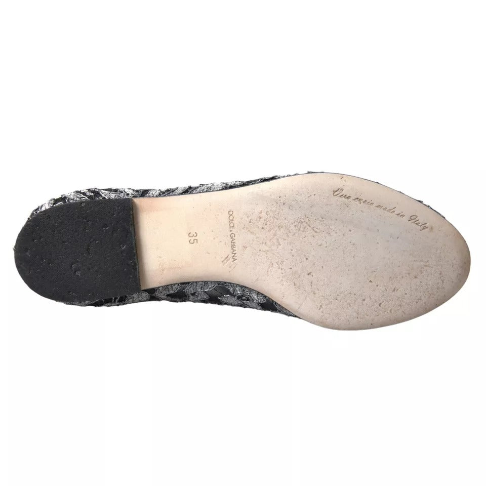 Gray Black Lace Crystal Ballet Loafers Shoes