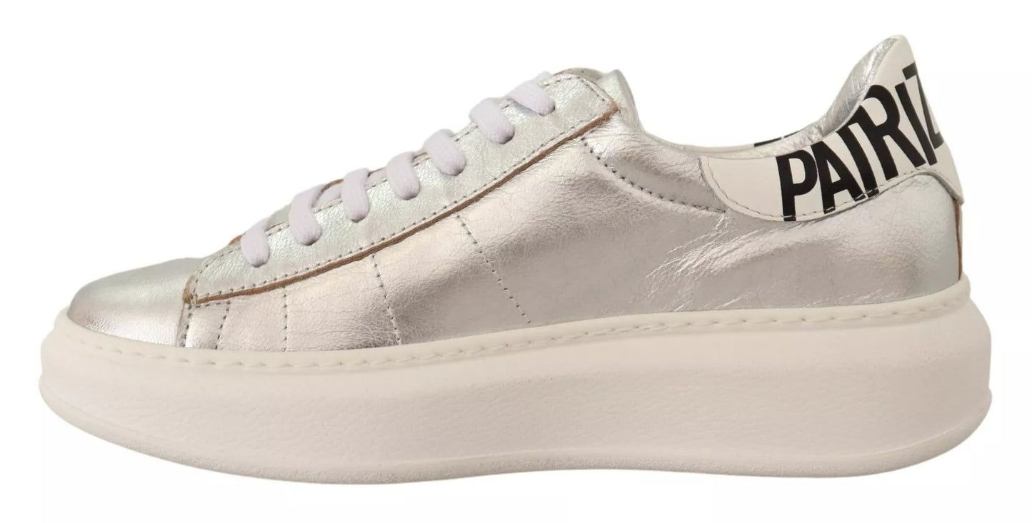 Silver Full Grain Leather Lace Up Sneakers Shoes