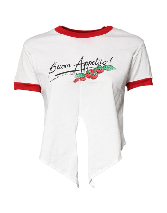 White Printed Round Neck Cropped Top T-shirt