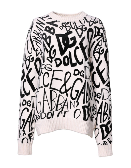 White Black Logo Print Women Pullover Sweater