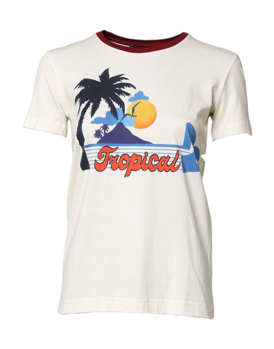 White Cotton Print Short Sleeves Top T-shirt