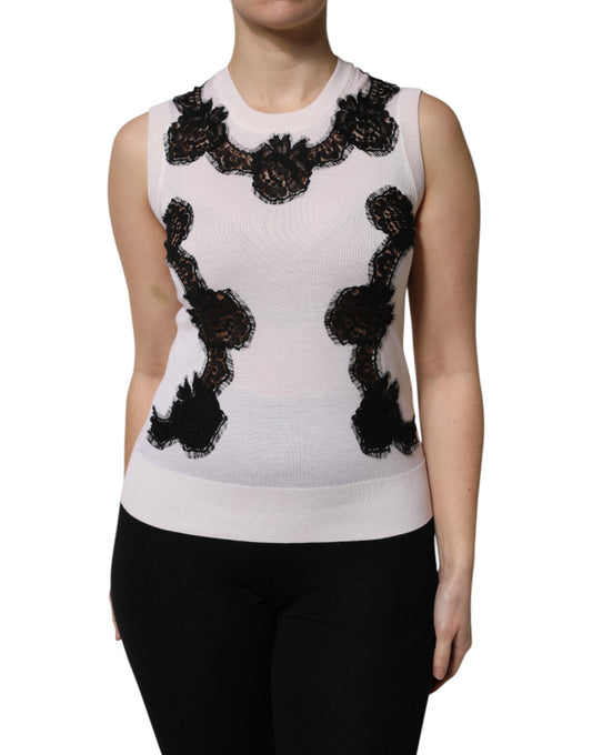 White Cashmere Floral Lace Detailing Tank Top