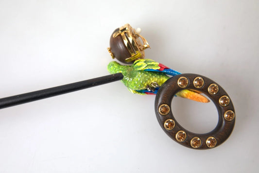 Multicolor Parrot Wood Brass Crystal Embellished Earrings