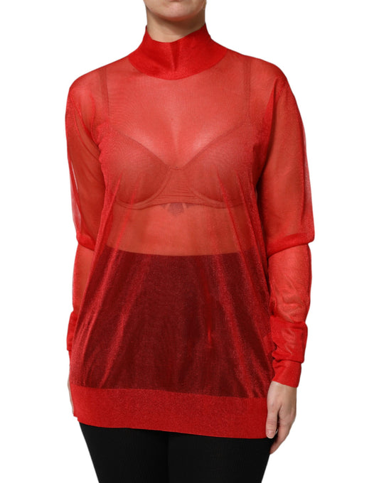 Red Tulle Turtleneck Long Sleeve Blouse Top