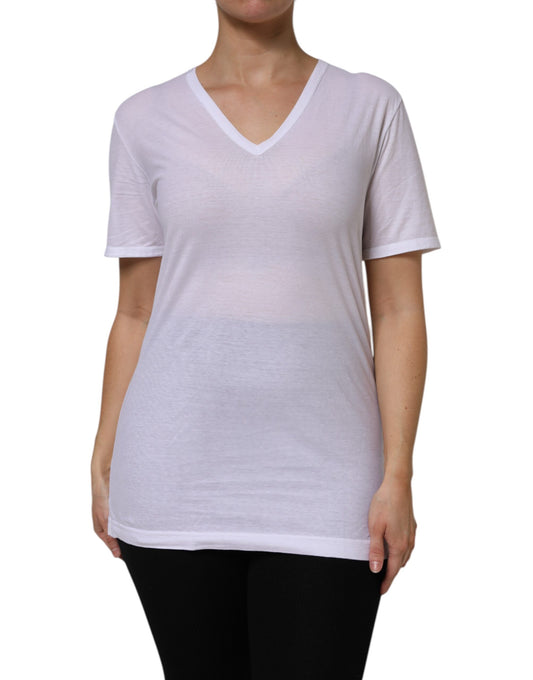 White Cotton Short Sleeves V-Neck Top T-shirt