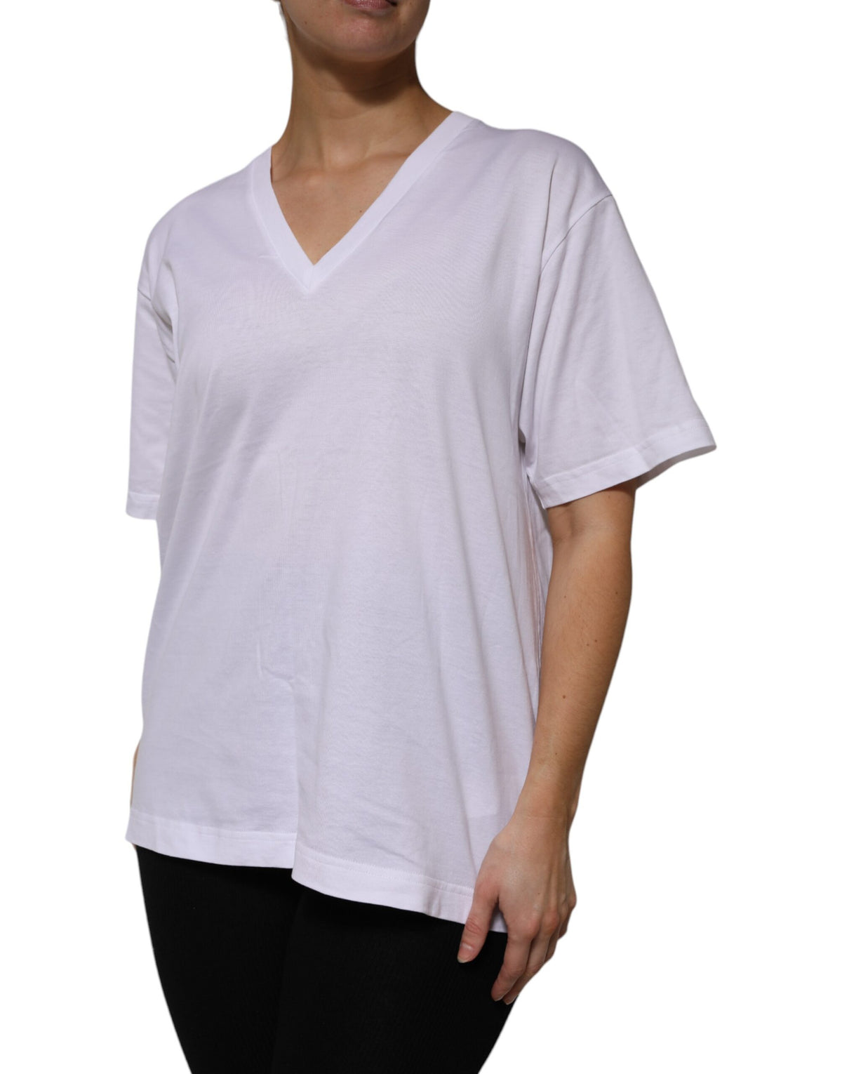 White Cotton Short Sleeves V-neck T-shirt