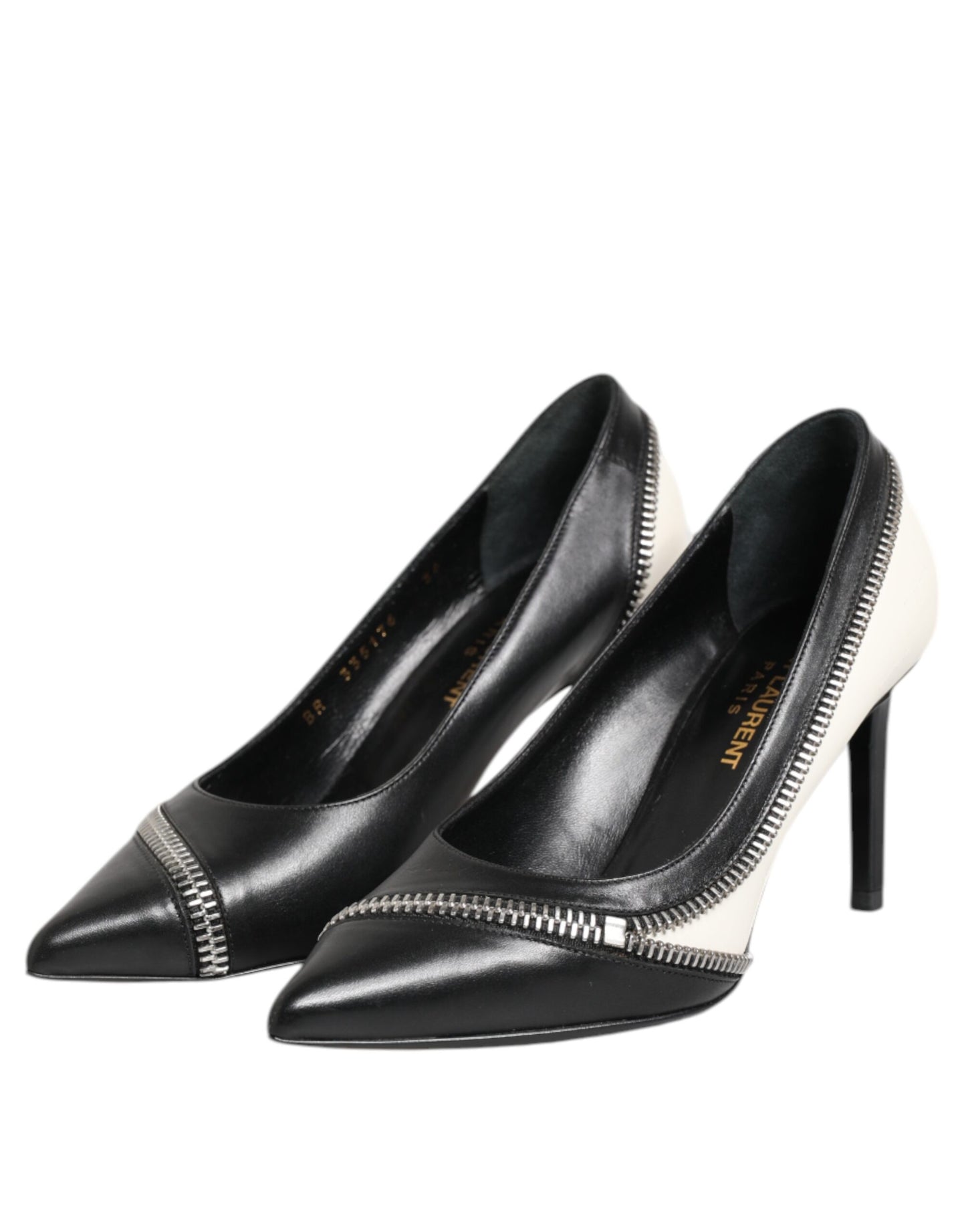 White Black Leather Pointed Toe Heels Shoes
