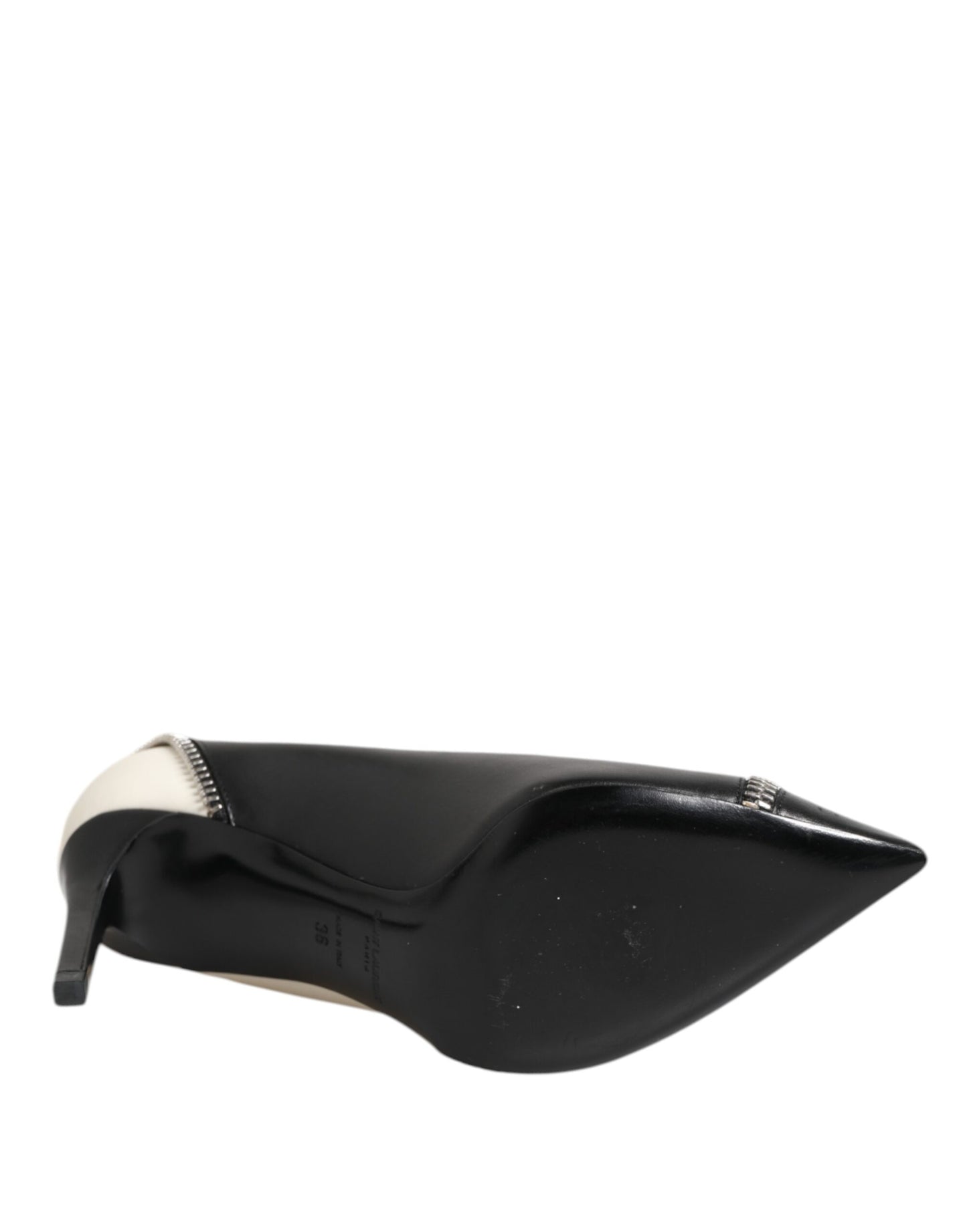 White Black Leather Pointed Toe Heels Shoes
