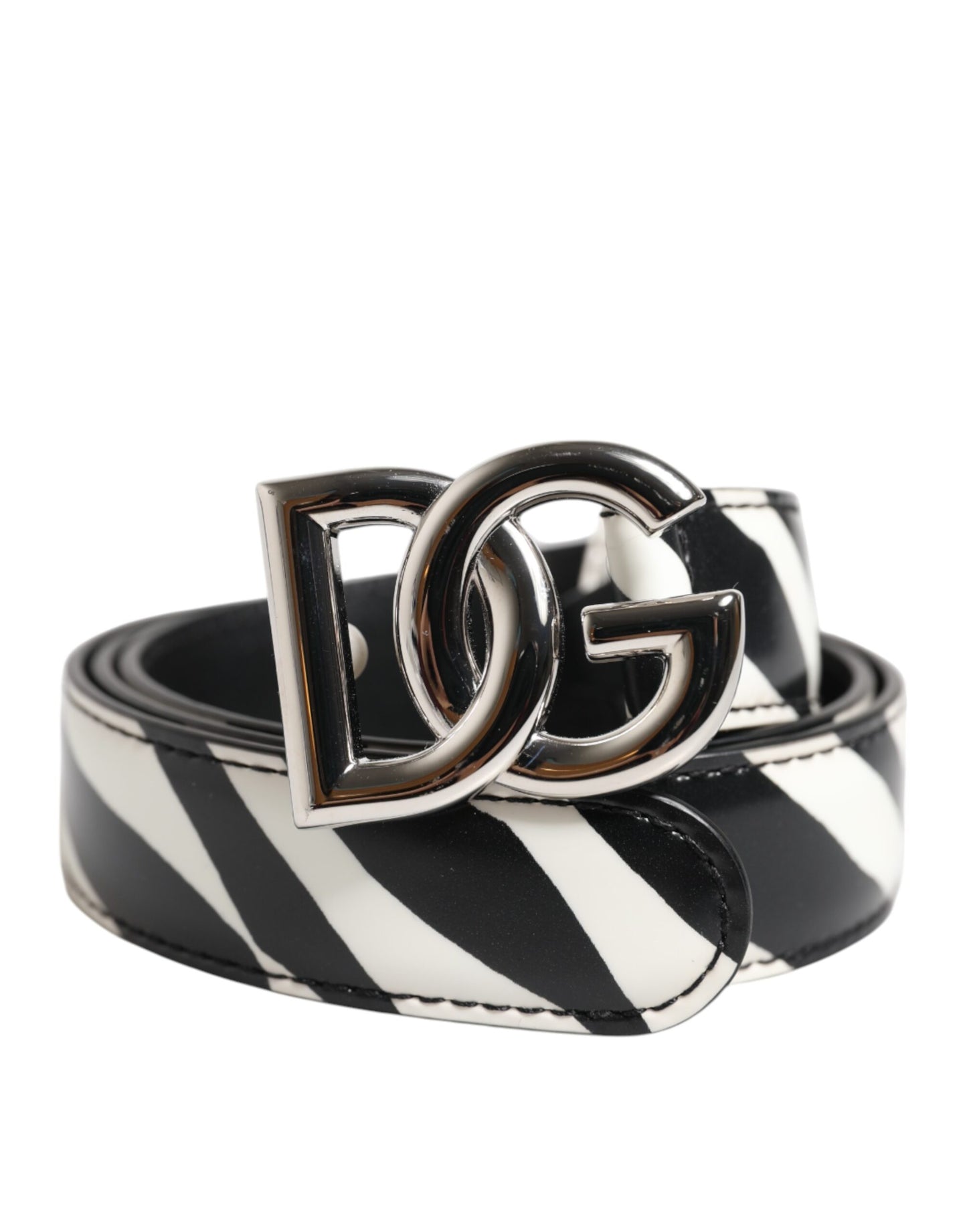 Black White Leather Silver Metal Buckle Belt