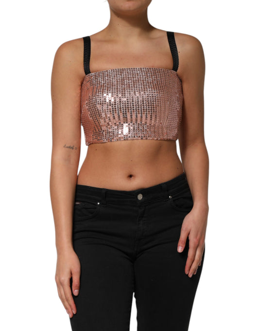 Pink Sequined Nylon Sleeveless Cropped Top