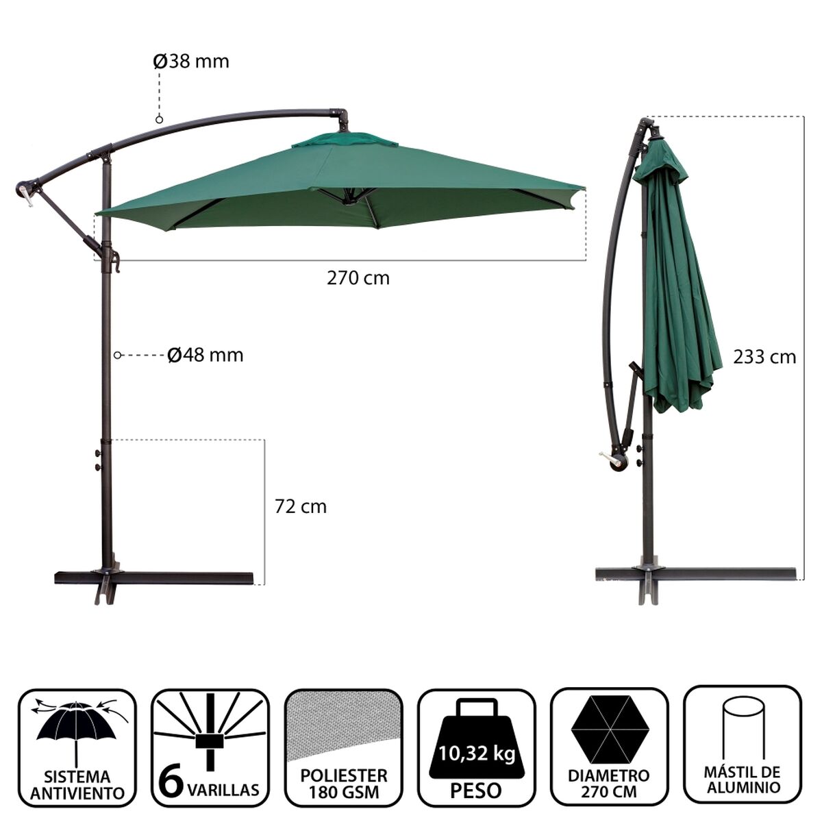 Parasol Monty Aluminium Grøn 270 cm