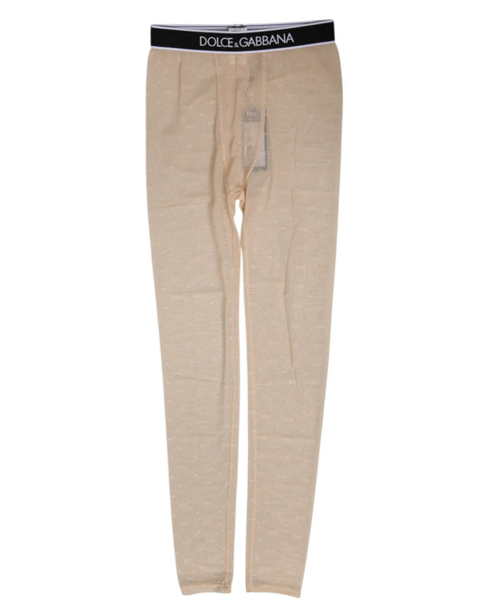 Beige Nylon Logo Lace Leggings Pants Underwear