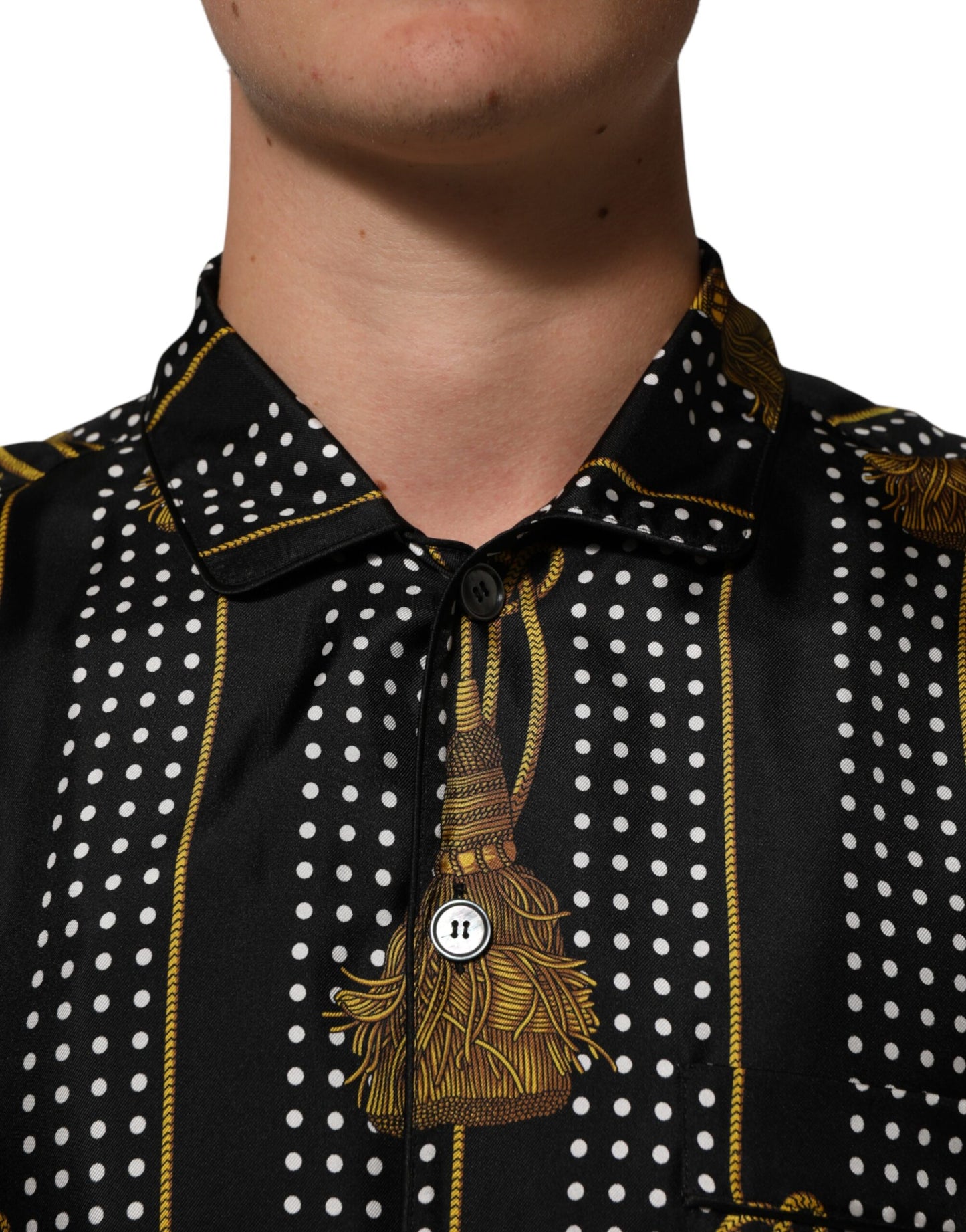 Black Dotted Tassel Silk Button Down Shirt