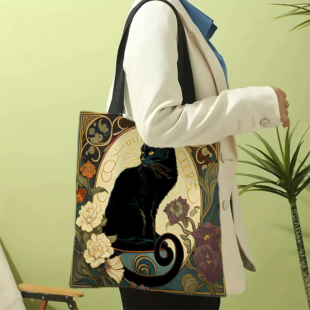 Sort kat tote bag i retroprint