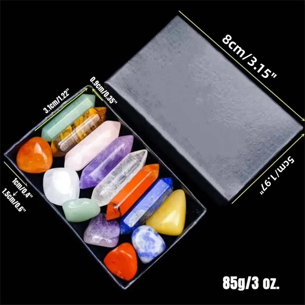 14 stk. spidse kvartskrystaller og chakra-healingsten