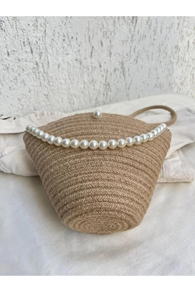 Women jute fabric pearl design classic shoulder bag elegant daily