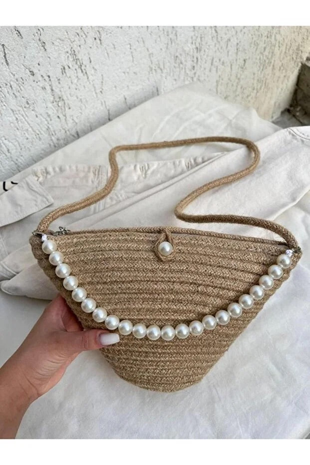 Women jute fabric pearl design classic shoulder bag elegant daily