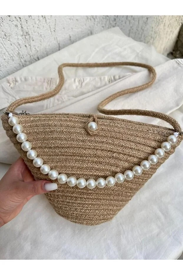 Women jute fabric pearl design classic shoulder bag elegant daily
