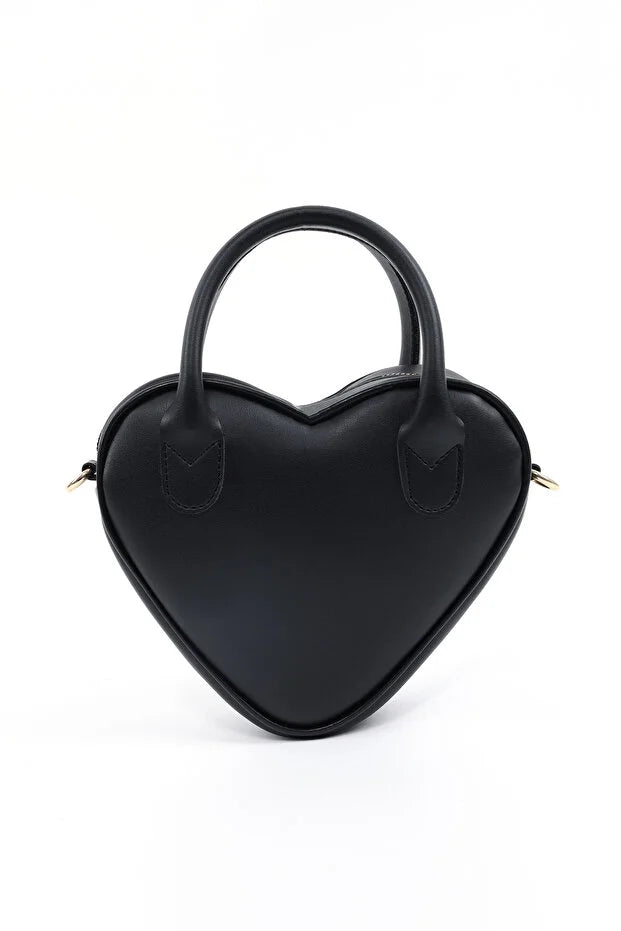 Black Heart Shaped Faux Leather Zipper Bag Single Compartment Hand Bag